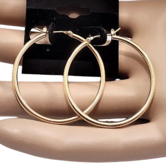 1 3/8 Inch 35mm Tube Hoop Pierced Post Earrings Gold Tone - Picture 6 of 6